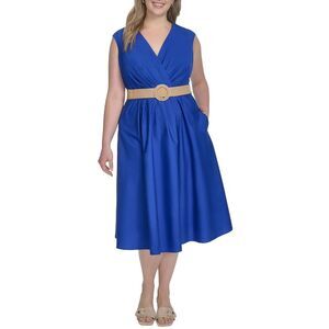 Jessica Howard Womens Plus Size Belted Sleeveless V-Neck Midi Dress 20W Royal